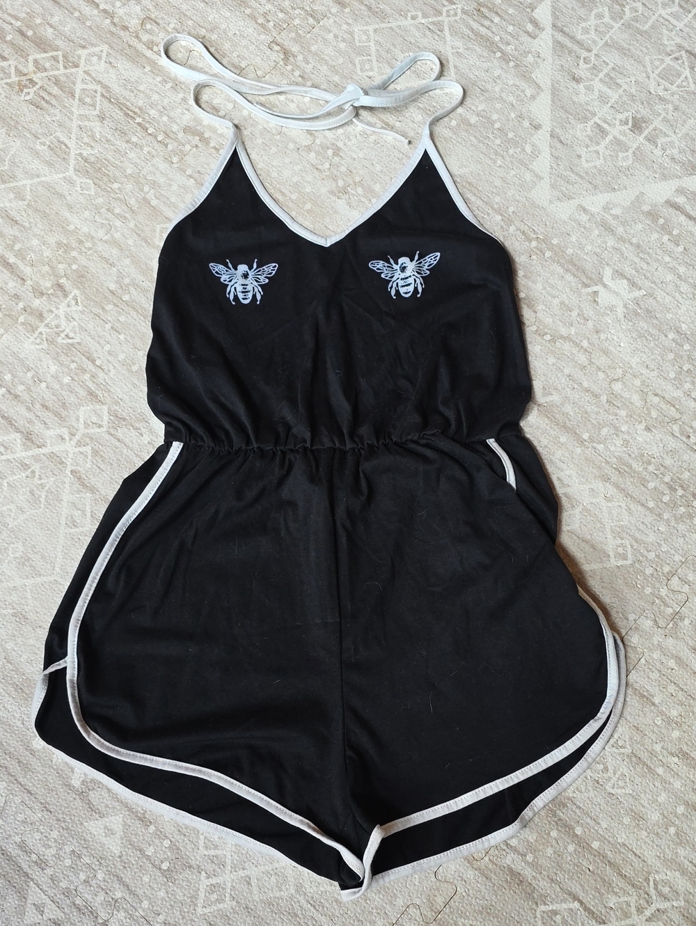 Women's Black Bee-Graphic Halter Romper with White Trim